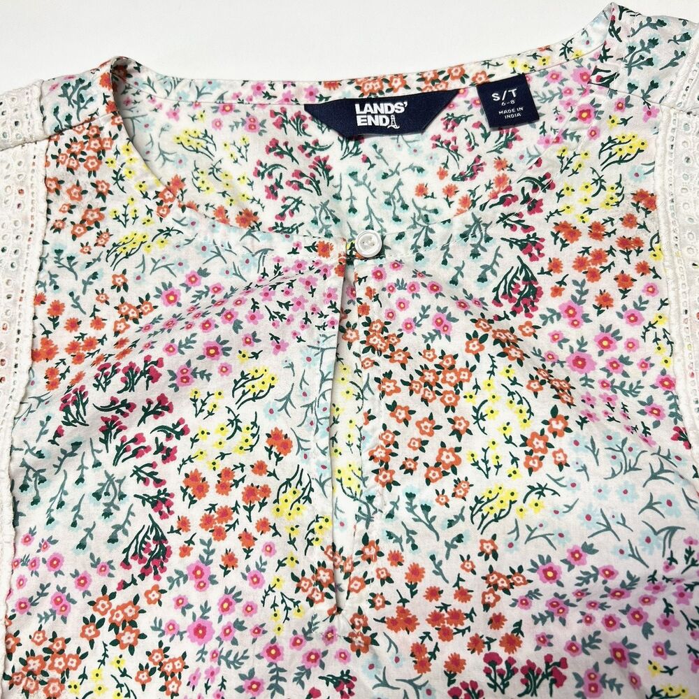 Lands End Womens Tall Size S/T Small Floral Crochet Cotton Keyhole Top Tunic - Picture 2 of 13